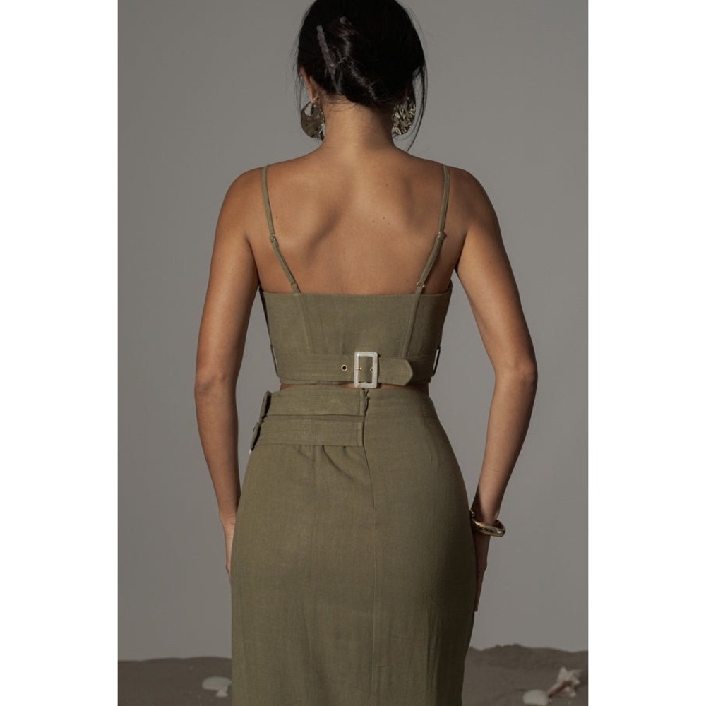 Olive Green Wrap Skirt With Matching Crop Top - Picture 2 of 11